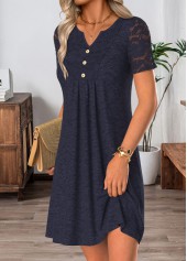 Patchwork Navy Short Split Neck Dress