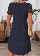 Patchwork Navy Short Split Neck Dress