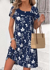 Leaf Print Patchwork Navy Short Asymmetrical Neck Dress