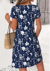 Leaf Print Patchwork Navy Short Asymmetrical Neck Dress