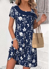 Leaf Print Patchwork Navy Short Asymmetrical Neck Dress