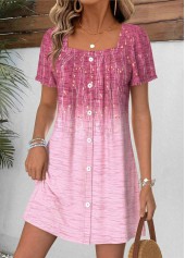 Floral Print Tummy Coverage Pink Short Square Neck Dress