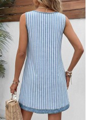 Striped Patchwork Light Blue Short Sleeveless Split Neck Dress