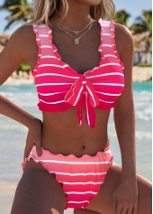 Mid Waisted Striped Bowknot Peach Red Bikini Set