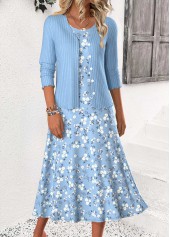 Ditsy Floral Print Blue Dress and Cardigan
