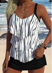 Mid Waisted Tie Dye Print Black Tankini Set