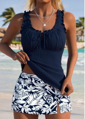 Mid Waisted Leaf Print Frill Navy Tankini Set