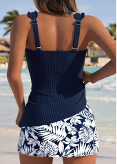 Mid Waisted Leaf Print Frill Navy Tankini Set