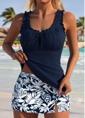 Mid Waisted Leaf Print Frill Navy Tankini Set