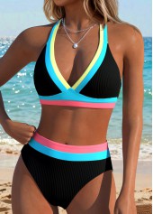 Mid Waisted Patchwork Black Bikini Set