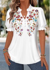 Floral Print Curved Hem White Short Sleeve Blouse