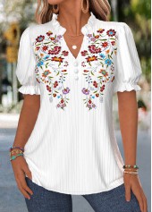 Floral Print Curved Hem White Short Sleeve Blouse