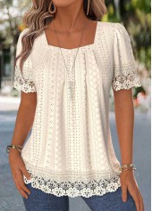 Patchwork Beige Short Sleeve Square Neck T Shirt