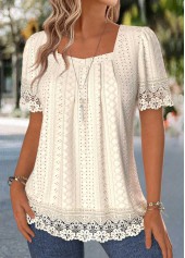 Patchwork Beige Short Sleeve Square Neck T Shirt