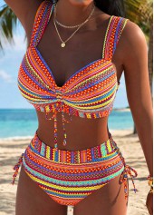 Multi Color Mid Waisted Ruched Tribal Print Bikini Set