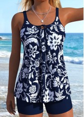 Mid Waisted Random Floral Print Lace Up Tankini Set