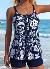 Mid Waisted Random Floral Print Lace Up Tankini Set