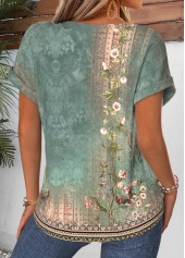 Tribal Print Curved Hem Sage Green T Shirt