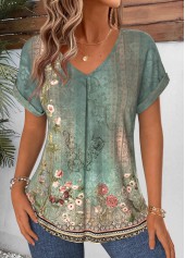 Tribal Print Curved Hem Sage Green T Shirt