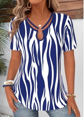 Striped Curved Hem Navy Short Sleeve T Shirt