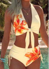 Mid Waisted Floral Print Ruched/shirred Light Yellow Bikini Set