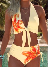 Mid Waisted Floral Print Ruched/shirred Light Yellow Bikini Set