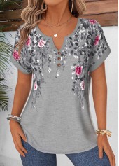 Floral Print Tummy Coverage Grey Short Sleeve Blouse