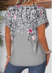 Floral Print Tummy Coverage Grey Short Sleeve Blouse
