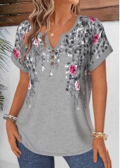 Floral Print Tummy Coverage Grey Short Sleeve Blouse