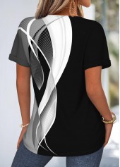 Geometric Print Tummy Coverage Black Short Sleeve T Shirt