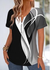 Geometric Print Tummy Coverage Black Short Sleeve T Shirt
