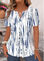 Striped Blue Short Sleeve Split Neck T Shirt