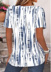 Striped Blue Short Sleeve Split Neck T Shirt