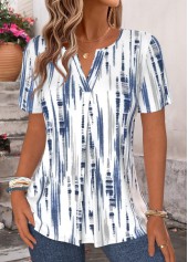 Striped Blue Short Sleeve Split Neck T Shirt