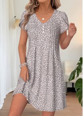 Geometric Print Tuck Stitch Light Grey Short Dress