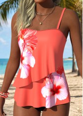 Floral Print Layered Orange Tankini Top-No Bottom