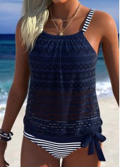 Mid Waisted Striped Blouson Navy Tankini Set