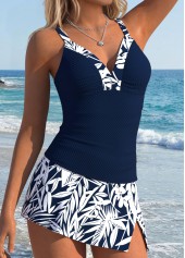 Mid Waisted Leaf Print Patchwork Navy Tankini Set