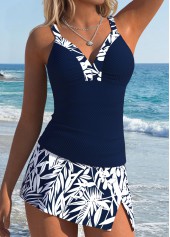 Mid Waisted Leaf Print Patchwork Navy Tankini Set