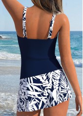 Mid Waisted Leaf Print Patchwork Navy Tankini Set