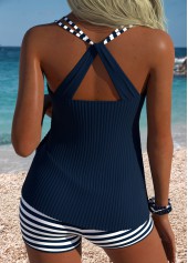 Mid Waisted Striped Tummy Coverage Navy Tankini Set