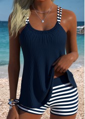 Mid Waisted Striped Tummy Coverage Navy Tankini Set