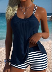 Mid Waisted Striped Tummy Coverage Navy Tankini Set