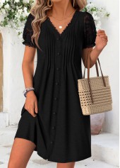 Tuck Stitch Black Short V Neck Dress