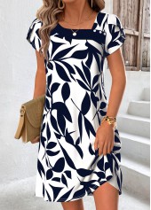 Leaf Print Tummy Coverage Navy Short Asymmetrical Neck Dress