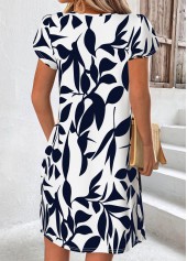 Leaf Print Tummy Coverage Navy Short Asymmetrical Neck Dress