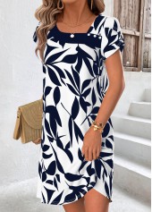 Leaf Print Tummy Coverage Navy Short Asymmetrical Neck Dress