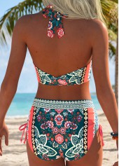 Multi Color Mid Waisted Ruched Tribal Print Bikini Set