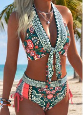 Multi Color Mid Waisted Ruched Tribal Print Bikini Set