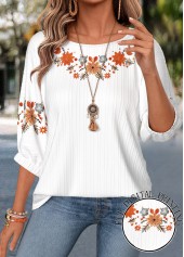 Floral Print Tummy Coverage White 3/4 Sleeve Blouse
